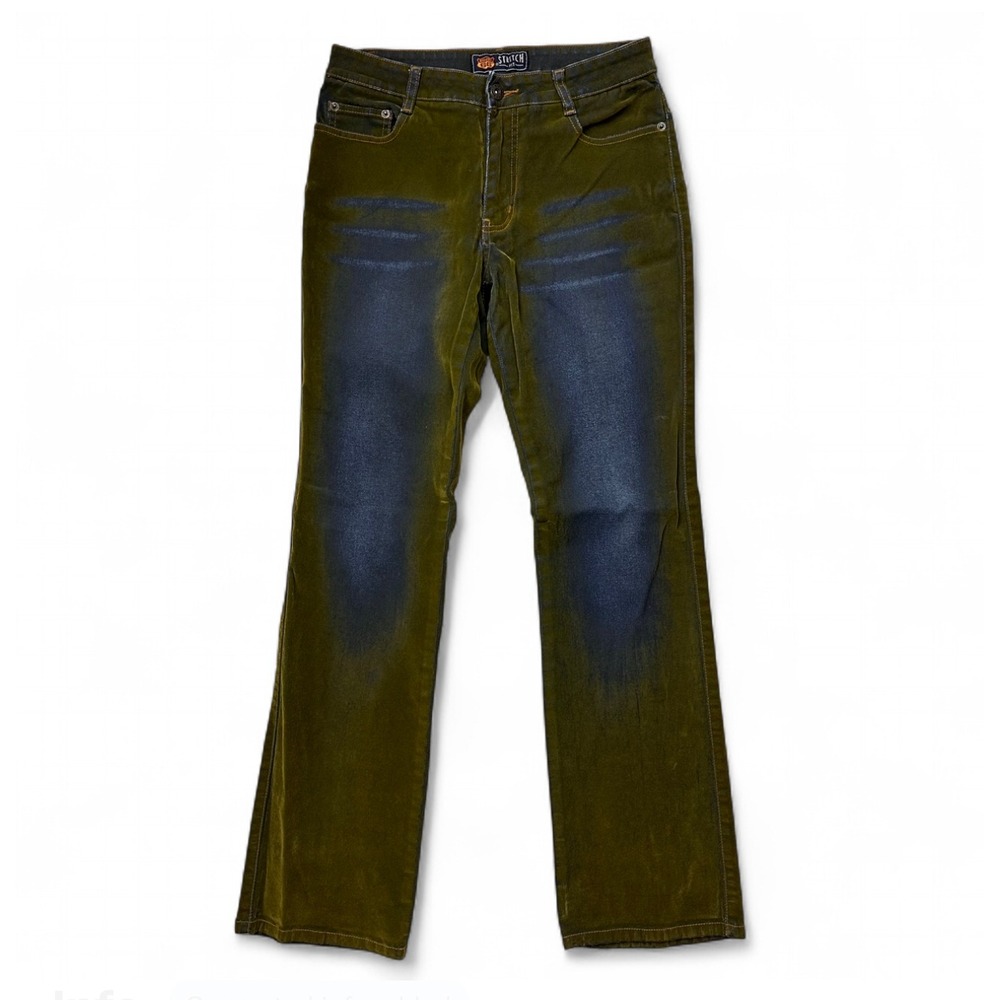 Y2K Route 66 Green Blue Velvet Bootcut Denim Low Rise Jeans Streetwear Grudge  8